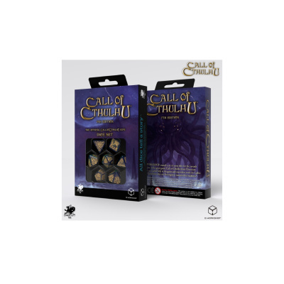 Caixas do conjunto de dados Call of Cthulhu 7th Edition em azul escuro com texto dourado