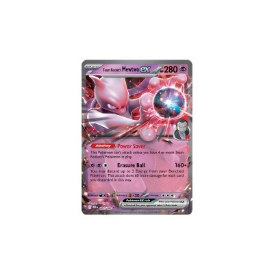 Cartão Pokémon Team Rockets Mewtwo ex roxo com imagem do Mewtwo e texto de habilidades