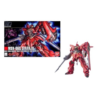 Caixa e figura do modelo plástico Bandai HG MSN-06S Sinanju vermelho armado com lança e escudo
