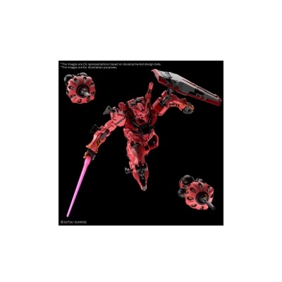 Boneco robô vermelho com espada de luz e escudo, fundo preto