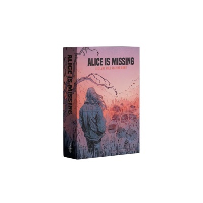 Caixa de jogo de tabuleiro ALICE IS MISSING com ilustração de uma pessoa de costas e casas ao entardecer.