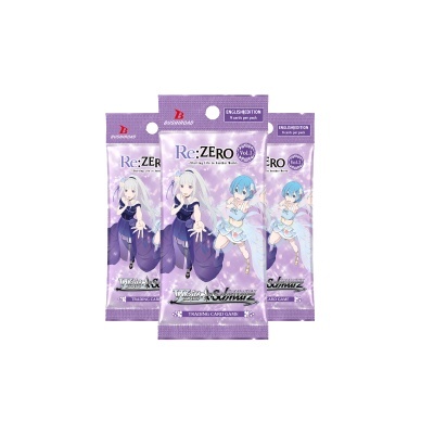 Pacotes de cartas Weiss Schwarz da coleção Re:ZERO Vol.3 com personagens femininas e design lilás.