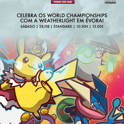 Cartaz do Pokémon Trading Card Game para um evento com Pikachu em estilo pop art e texto do evento em português.