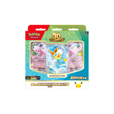 Embalagem de cartas Pokémon 30th Celebration com cartas Espeon EX e Victini