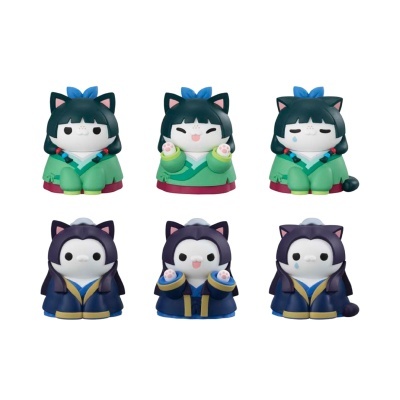 Seis figuras de gatos em roupa tradicional, exibindo expressões e poses variadas.