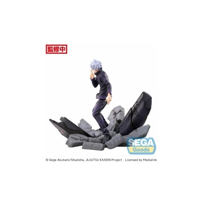Figura colecionável de personagem com cabelo azul claro e base de destroços