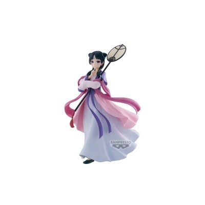 Figura colecionável personagem feminina com traje tradicional rosa, branco e roxo, cabelos pretos e leque.