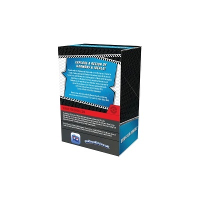 Caixa retangular com design geométrico e textos em inglês numa combinação de preto, azul e vermelho