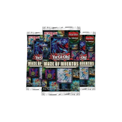 Três packs de cartas Yu-Gi-Oh! Maze of Muertos com embalagens coloridas sobre fundo branco