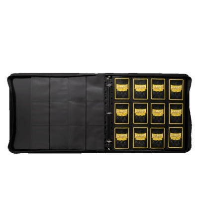 Carteira preta com cartas DRAGON SHIELD organizadas em bolsas plásticas