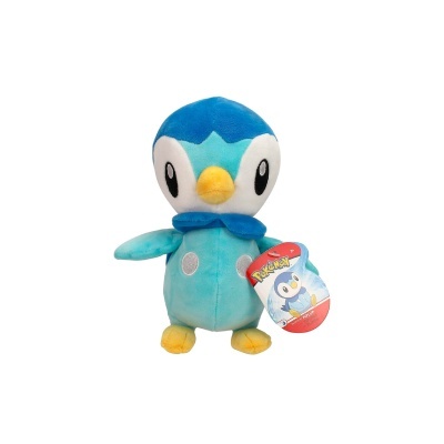 Pelúcia do Pokémon Piplup azul e amarelo com etiqueta Pokémon