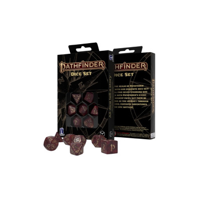 Conjunto de dados Pathfinder em caixa preta com dados vermelhos e dourados