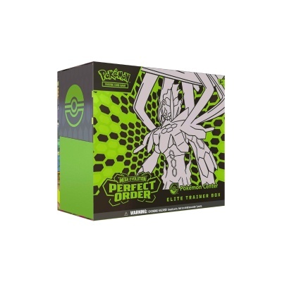 Caixa de jogo Pokémon Trading Card Game verde e preta com figura de Pokémon e textos de marca e aviso