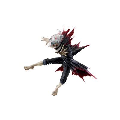 Figura de ação de personagem com cabelo branco ondulado e roupa escura em pose dinâmica