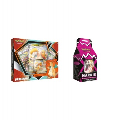 Dois produtos Pokémon com cartas, uma caixa Dragonite V e uma caixa Marnie
