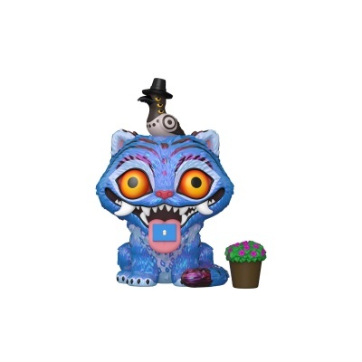 Figurinha de gato azul com pássaro e vaso de plantas