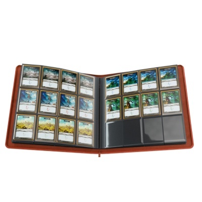 Álbum de cartas colecionáveis com capa castanha e páginas transparentes