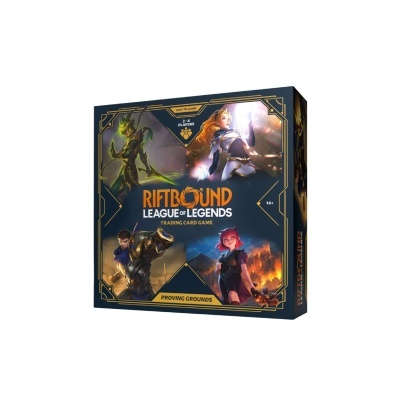 Caixa do jogo de cartas Riftbound League of Legends com ilustrações de personagens