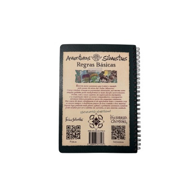 Caderno espiral preto com capa de papel bege e texto Aventuras Silvestres Regras Básicas