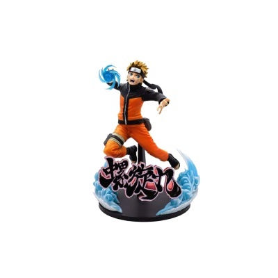 Figura Naruto Uzumaki em pose de ação com base preta e inscrições em japonês