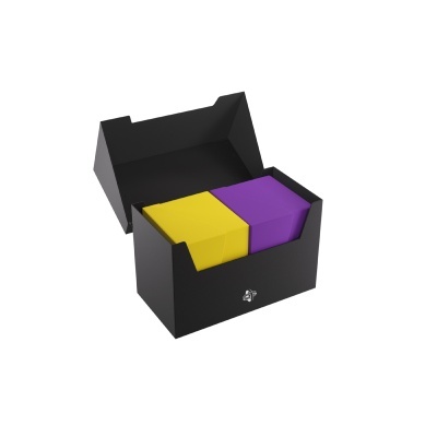 Caixa preta aberta com blocos de notas amarelo e roxo