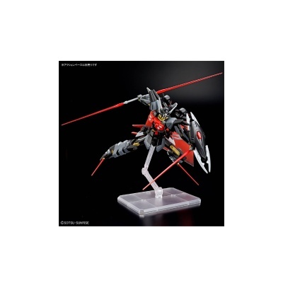 Figura articulada de robô preto e vermelho com lanças e base transparente