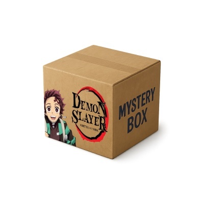 Caixa de cartão castanha com desenho de personagem de anime e texto Demon Slayer e Mystery Box