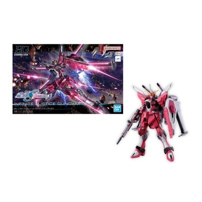 Figura de ação Gundam rosa e caixa do produto com imagem de fundo espacial