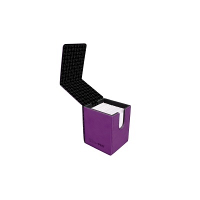 Caixa roxa para cartas colecionáveis Ultra PRO com tampa aberta e cartas dentro