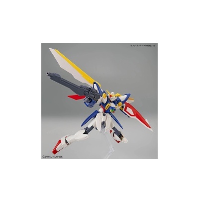 Figura robótica azul, branca e amarela com armas e asas em fundo cinzento