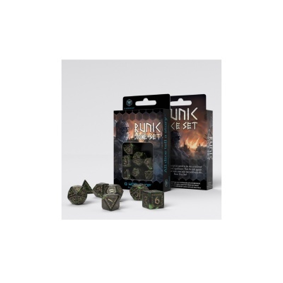 Conjunto de dados Runic Dice Set verdes com inscrições rúnicas douradas em embalagem preta com ilustração