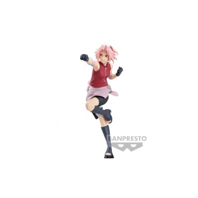 Figura colecionável de personagem feminina com cabelo rosa e roupa vermelha e rosa em pose de ataque