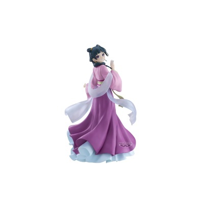 Figura anime em roupa tradicional rosa e lilás com cabelo preto e marca BANPRESTO.