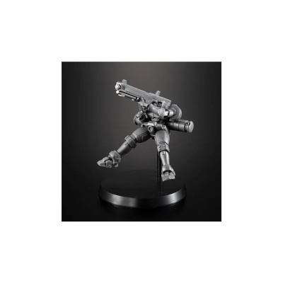 Figurina robótica metálica com arma em base preta