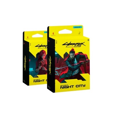 Caixas do jogo de cartas Cyberpunk CCG com personagens e texto Welcome to Night City