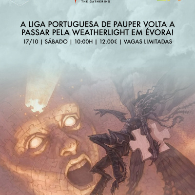 Anúncio de evento Magic the Gathering com figura sombria e rosto de peça de puzzle