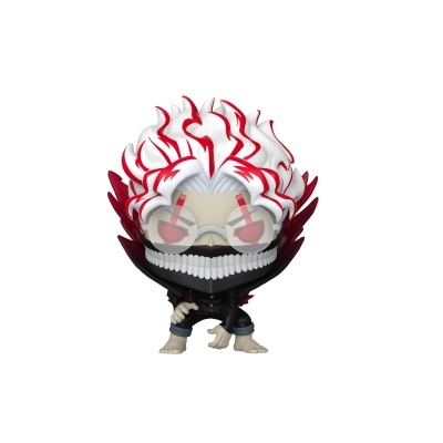Boneco estilizado com cabelo branco e vermelho, usando óculos e roupa preta, sobre fundo branco.