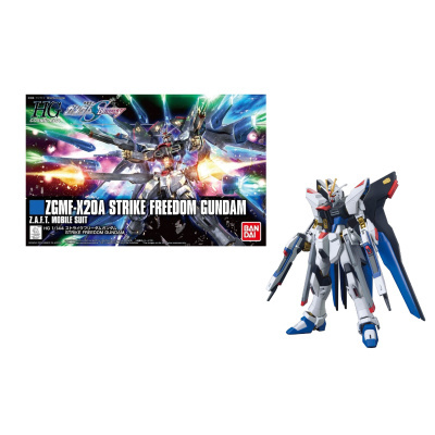 Kit de montagem Strike Freedom Gundam com figuras coloridas e embalagem ilustrada