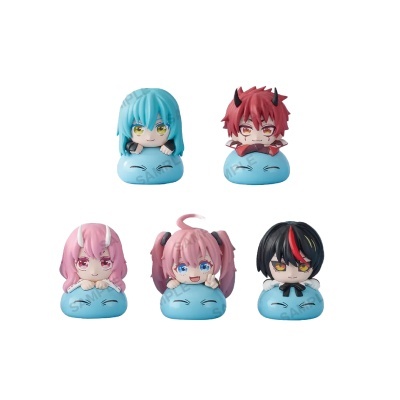 Figuras colecionáveis de personagens de anime em estilo chibi sobre bases azuis sorridentes