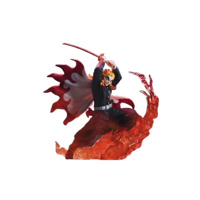 Figura de ação de personagem com katana vermelha e capa em chamas