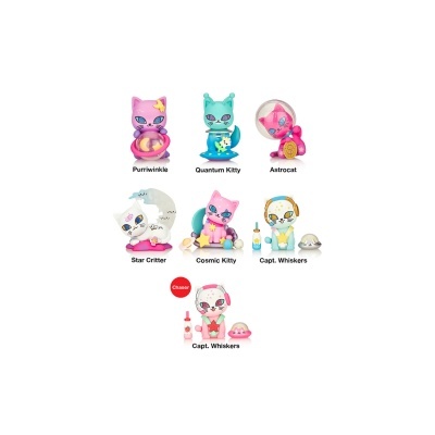 Figuras de gatos de brinquedo coloridos com nomes sob fundo branco