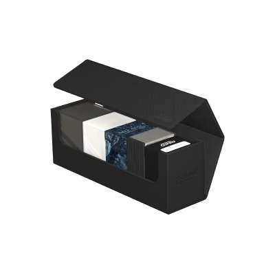 Caixa preta para archivar cartas de jogo com tampo aberto e cartas dentro