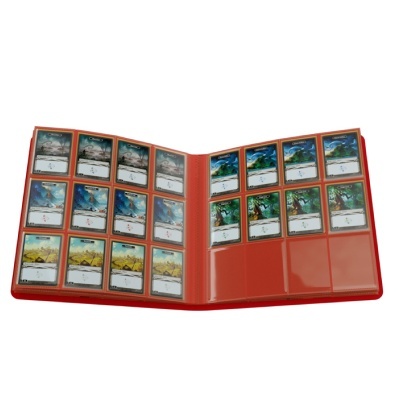 Álbum vermelho com cartas colecionáveis coloridas organizadas