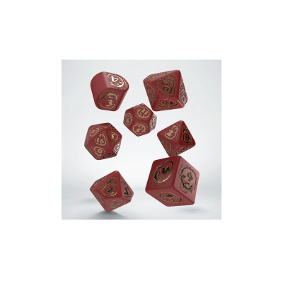 Dados de RPG vermelhos com números dourados a flutuar