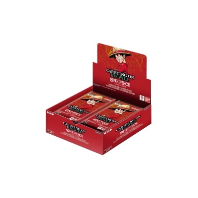 Embalagem vermelha com personagem Luffy e texto Carrying on Dis One Piece