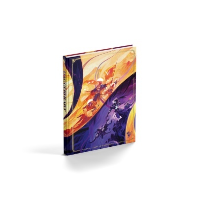 Livro capa dura ilustrado em tons laranja, roxo e amarelo com texto DAGGERHEART