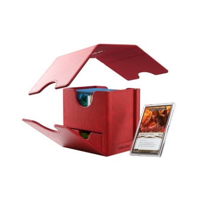 Estojo vermelho para cartas com tampa aberta e carta de jogo protegida ao lado