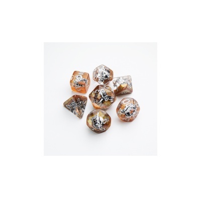 Set de sete dados poligonais translúcidos com números brancos