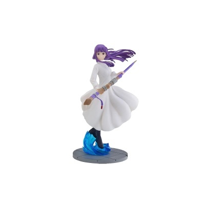 Figura coleccionável de personagem feminina com vestido branco e cabelo roxo segurando um pincel grande