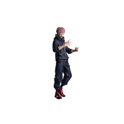 Figura de personagem com cabelo rosa e roupa escura e botas vermelhas